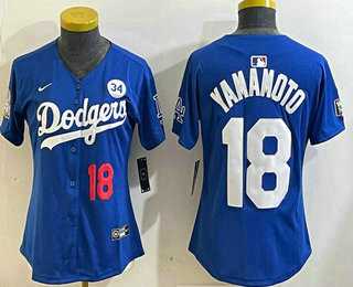 Womens Los Angeles Dodgers #18 Yoshinobu Yamamoto Number Blue 2024 World Series With Fernando 34 Fashion Limited Stitched Jerseys